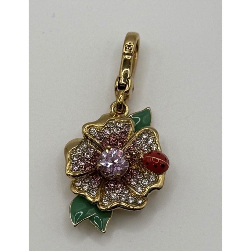Juicy‎ Couture Pink Pavé  Crystal Flower Charm Lady Bug Gold Plated Signed